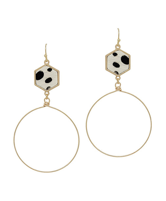 Hexagon Leather Accent Wire Round Earring