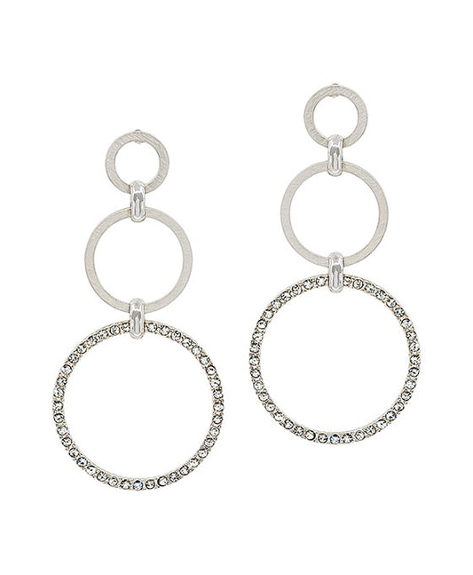 Pave Stone 3 Drop Round Metal Earring