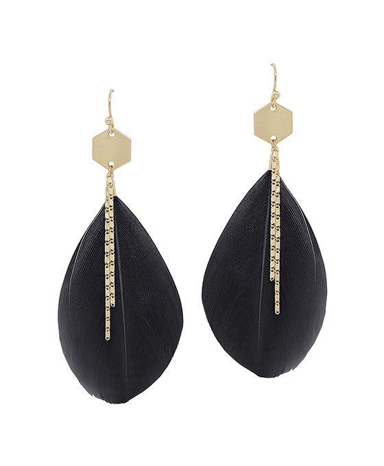 Hexagon Metal Accent Feather Earring