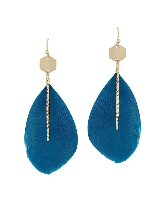 Hexagon Metal Accent Feather Earring