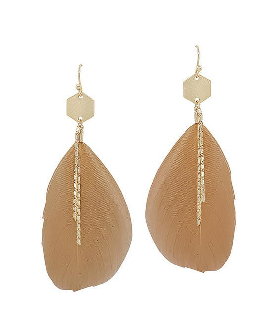 Hexagon Metal Accent Feather Earring