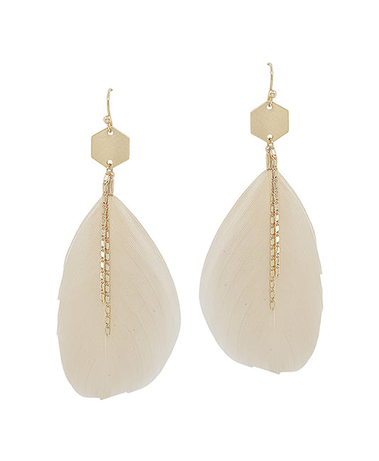Hexagon Metal Accent Feather Earring