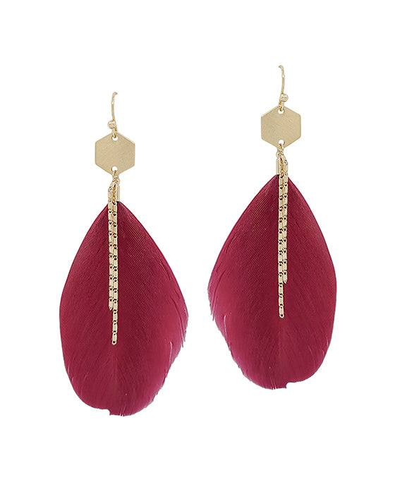 Hexagon Metal Accent Feather Earring