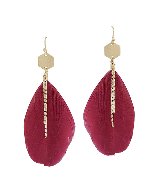 Hexagon Metal Accent Feather Earring