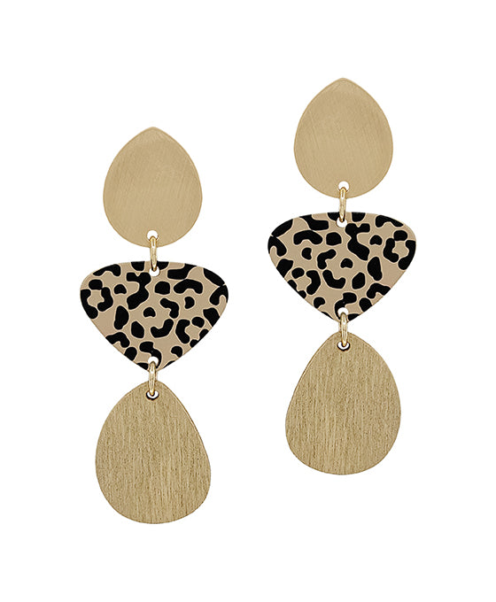 3 Drop Metal & Wood Earring