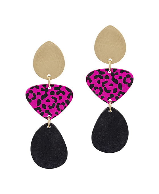 3 Drop Metal & Wood Earring