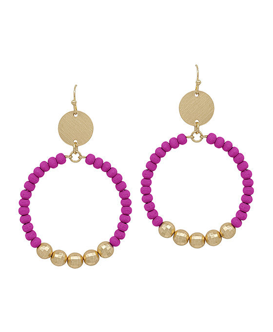 Round Metal Accent Wood Beads Earring