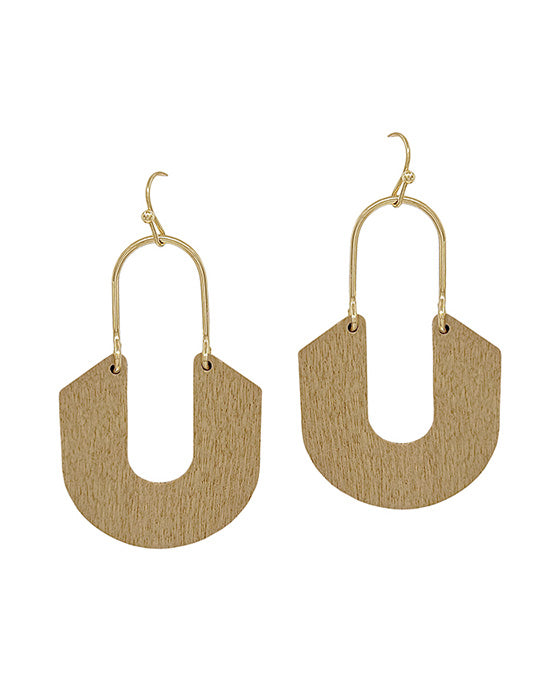 Geo Shape Wood Drop Metal Earring