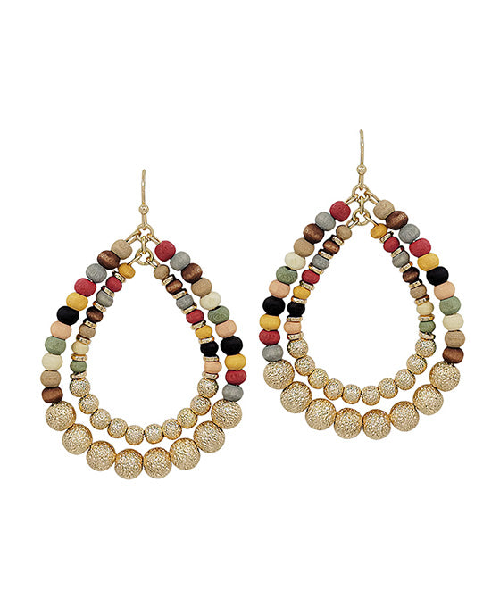 Double Teardrop Wood & Satin Ball Earring