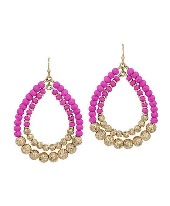 Double Teardrop Wood & Satin Ball Earring