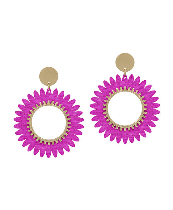 Satin Round w/ Flower Wood Drop Post Earring