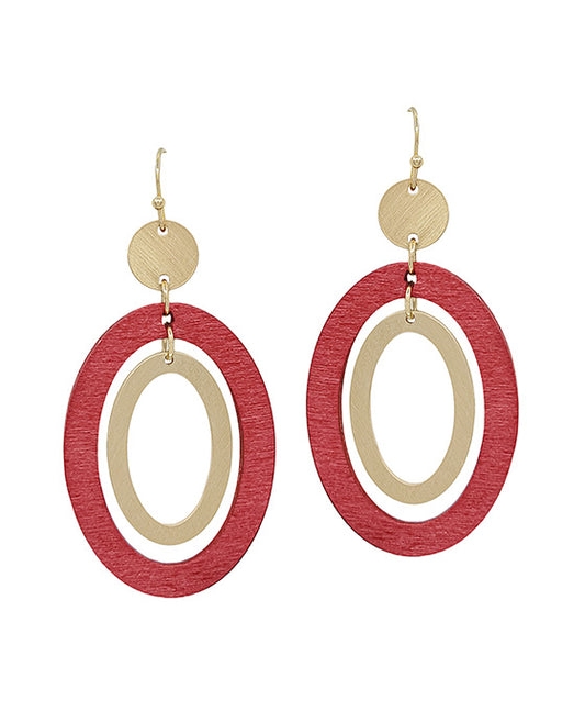 Oval Shape Wood & Metal Earring
