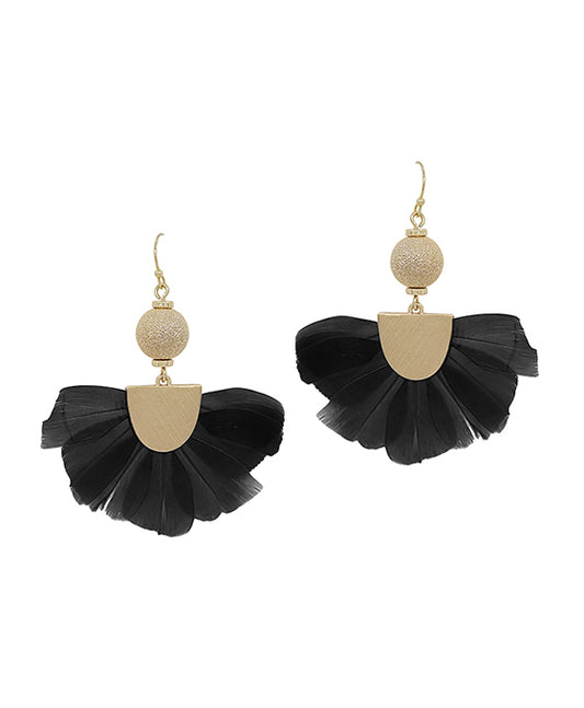 Satin Ball Fanned Feather Earring