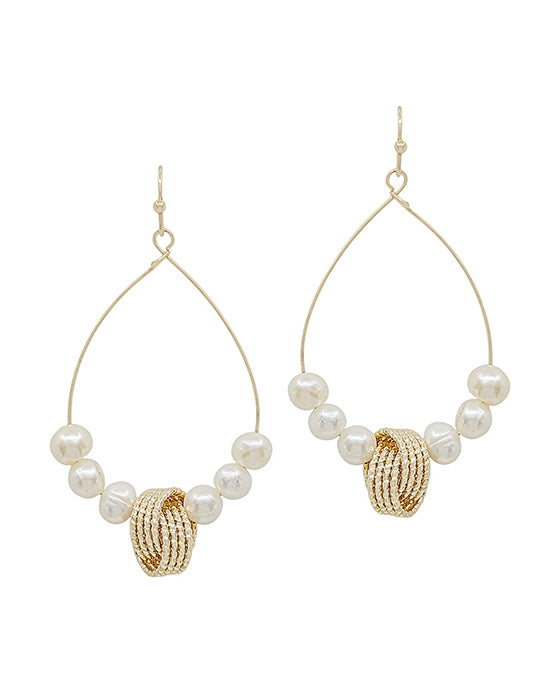 Textured Metal Accent w/ Pearl Teardrop Wire Earring