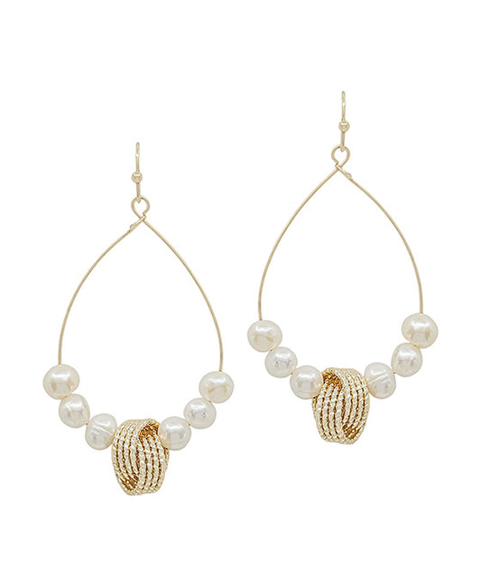 Textured Metal Accent w/ Pearl Teardrop Wire Earring