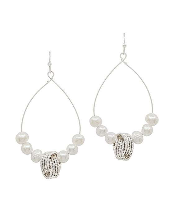 Textured Metal Accent w/ Pearl Teardrop Wire Earring