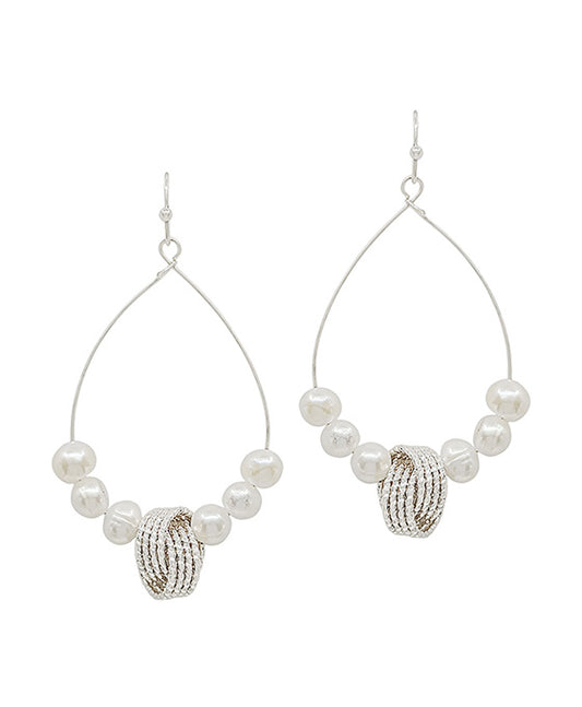 Textured Metal Accent w/ Pearl Teardrop Wire Earring