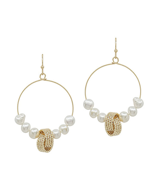 Textured Metal Accent w/ Pearl Round Wire Earring