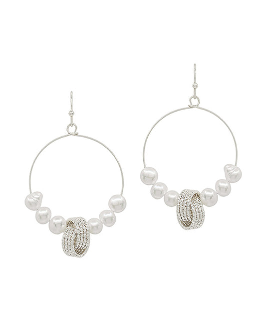 Textured Metal Accent w/ Pearl Round Wire Earring