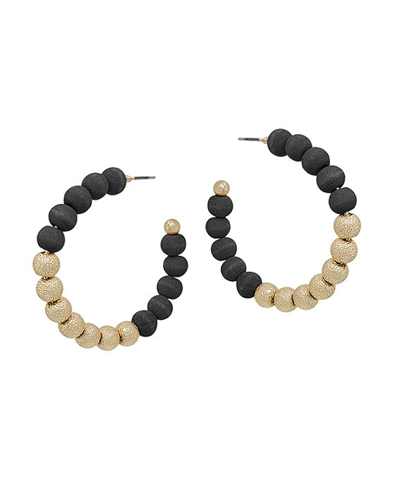 Wood & Satin Ball Hoop Earring