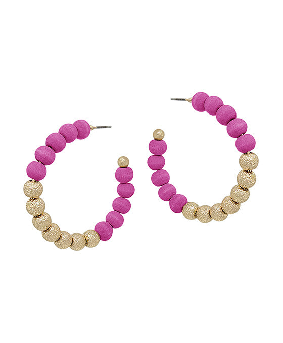 Wood & Satin Ball Hoop Earring