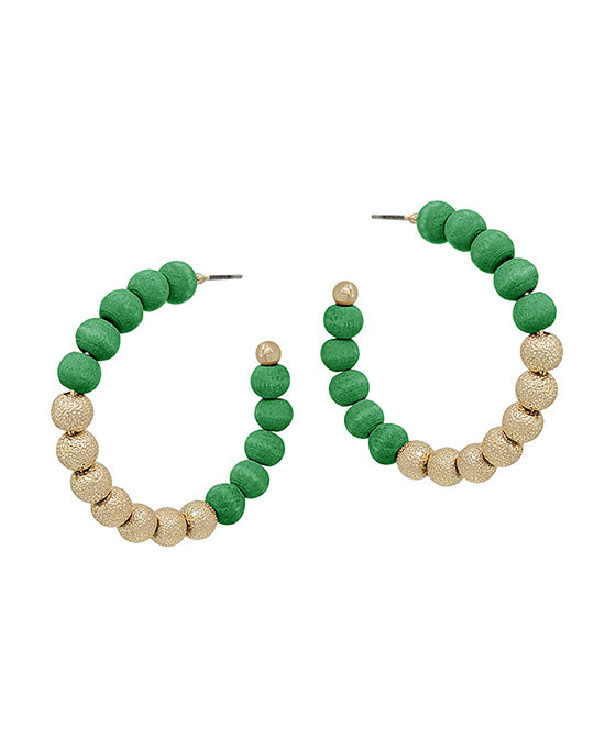Wood & Satin Ball Hoop Earring