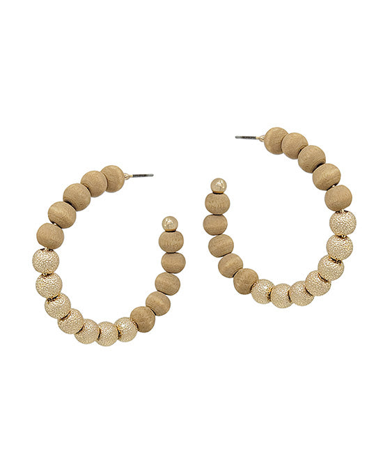 Wood & Satin Ball Hoop Earring
