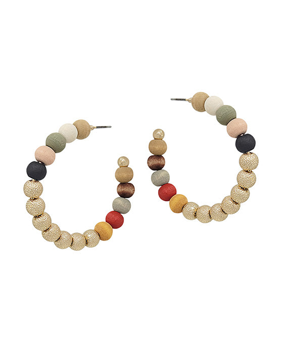 Wood & Satin Ball Hoop Earring