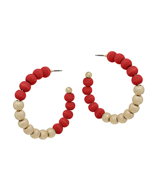 Wood & Satin Ball Hoop Earring