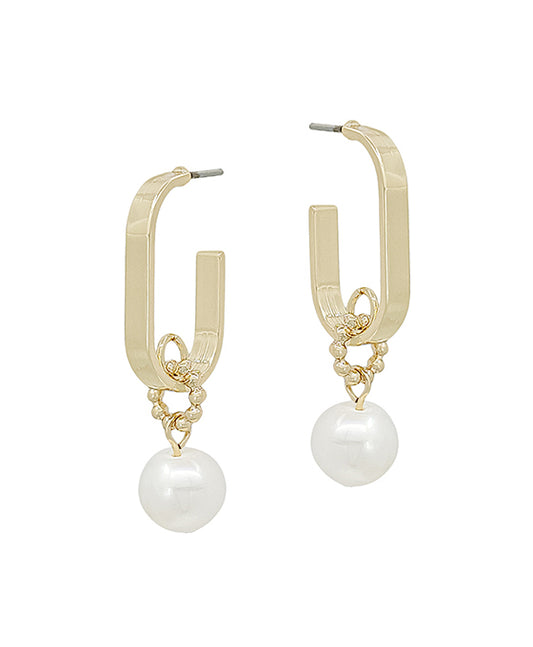 Oval Shape Metal Hoop w/ Pearl Earring