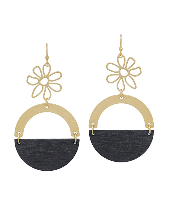 Flower w/ Metal & Wood Round Earring