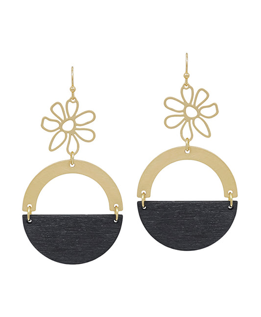 Flower w/ Metal & Wood Round Earring