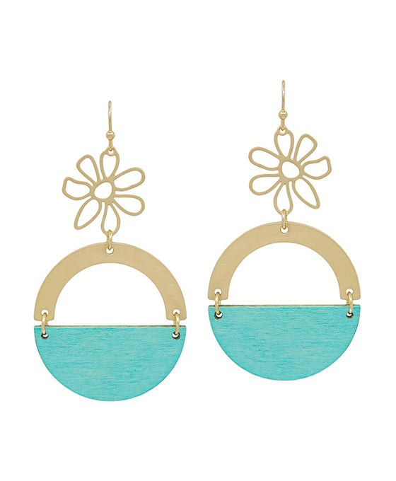Flower w/ Metal & Wood Round Earring