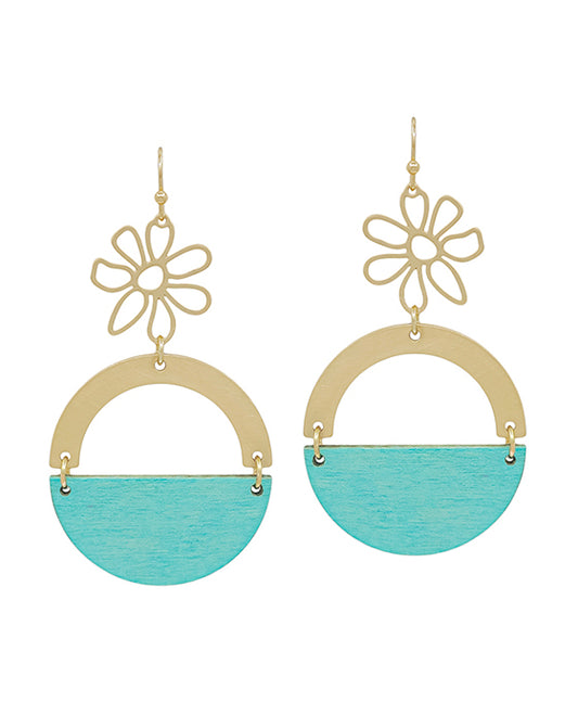 Flower w/ Metal & Wood Round Earring