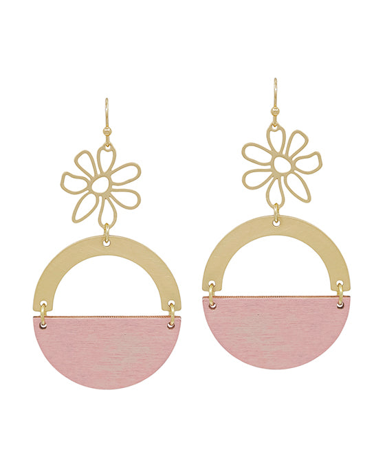 Flower w/ Metal & Wood Round Earring