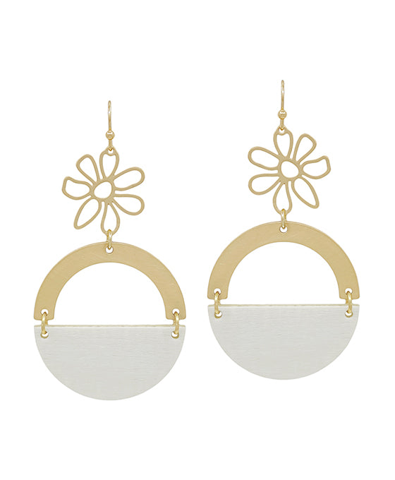 Flower w/ Metal & Wood Round Earring
