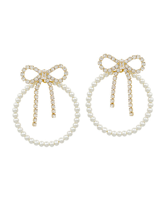 Crystal Ribbon Post Round Pearl Earring