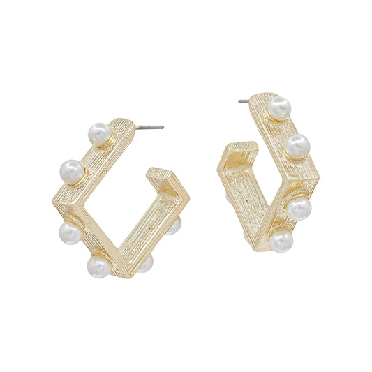 Square Shape w/ Pearl Accent Hoop Earring - 1.0"