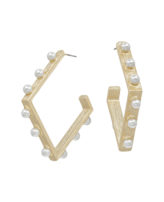 Diamond Shape w/ Pearl Accent Hoop Earring - 1.8"