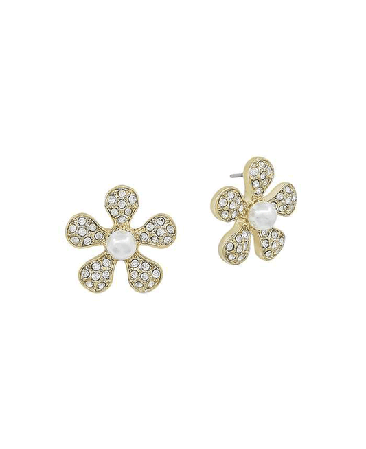 Pave Flower w/ Pearl Post Earring - 0.6"