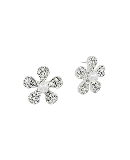Pave Flower w/ Pearl Post Earring - 0.6"