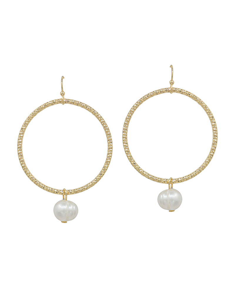 Textured Round Metal w/ Pearl Earring