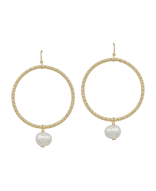 Textured Round Metal w/ Pearl Earring
