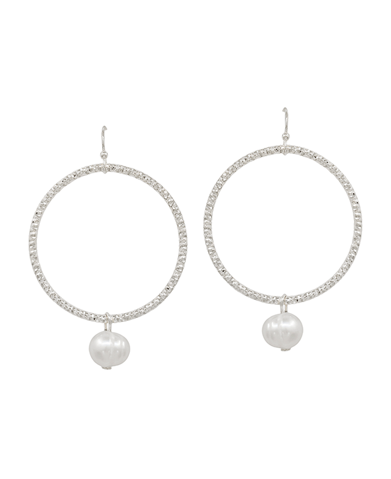 Textured Round Metal w/ Pearl Earring