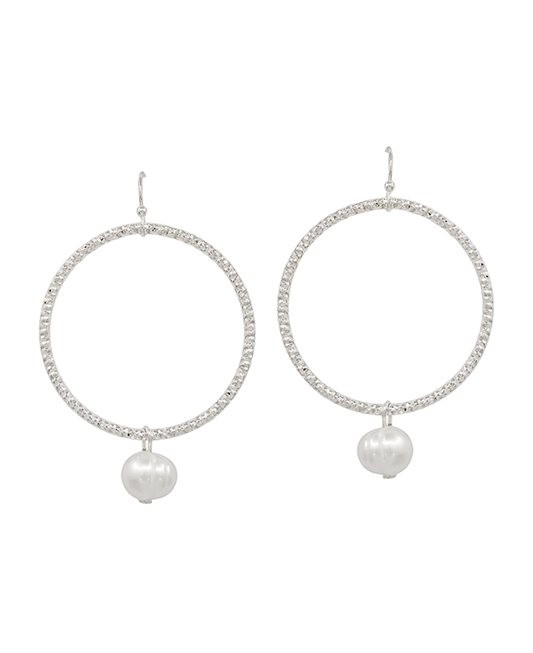 Textured Round Metal w/ Pearl Earring