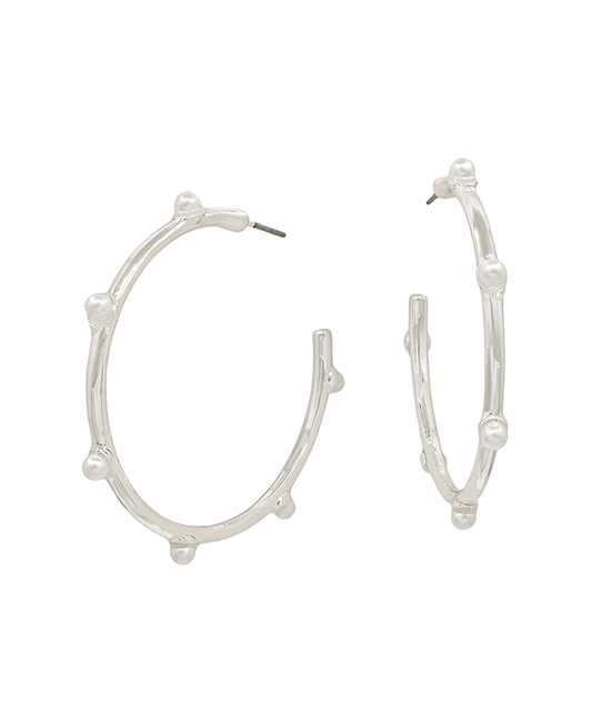 Pearl Accent Metal Hoop Earring - 1.5"