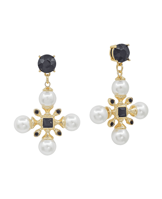Cross Shape Pearl Accent Post Earring - 1.8"