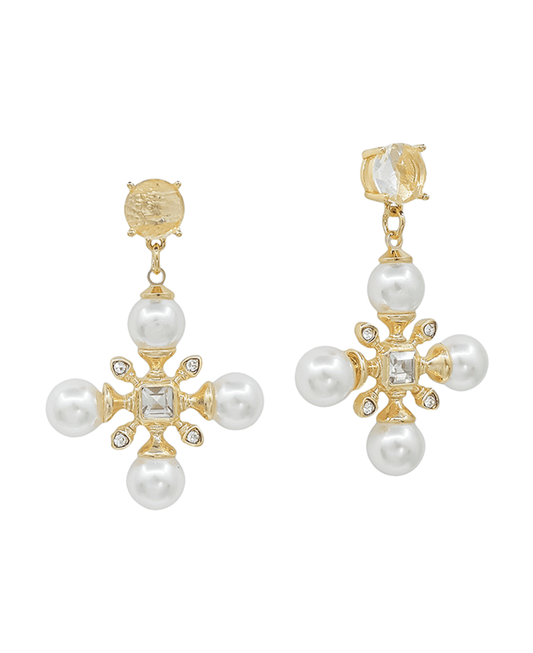 Cross Shape Pearl Accent Post Earring - 1.8"