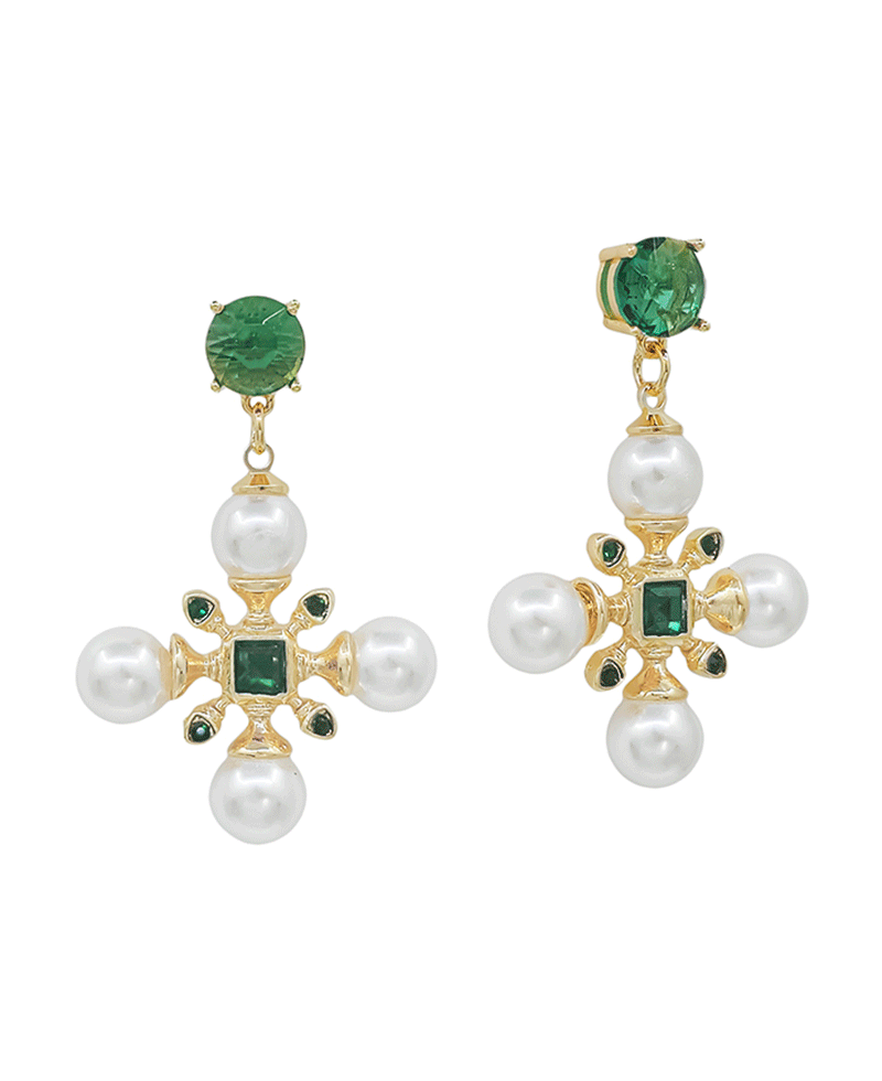 Cross Shape Pearl Accent Post Earring - 1.8"