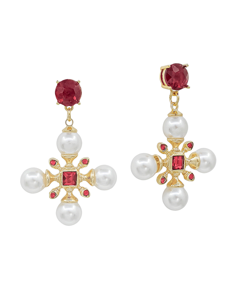 Cross Shape Pearl Accent Post Earring - 1.8"